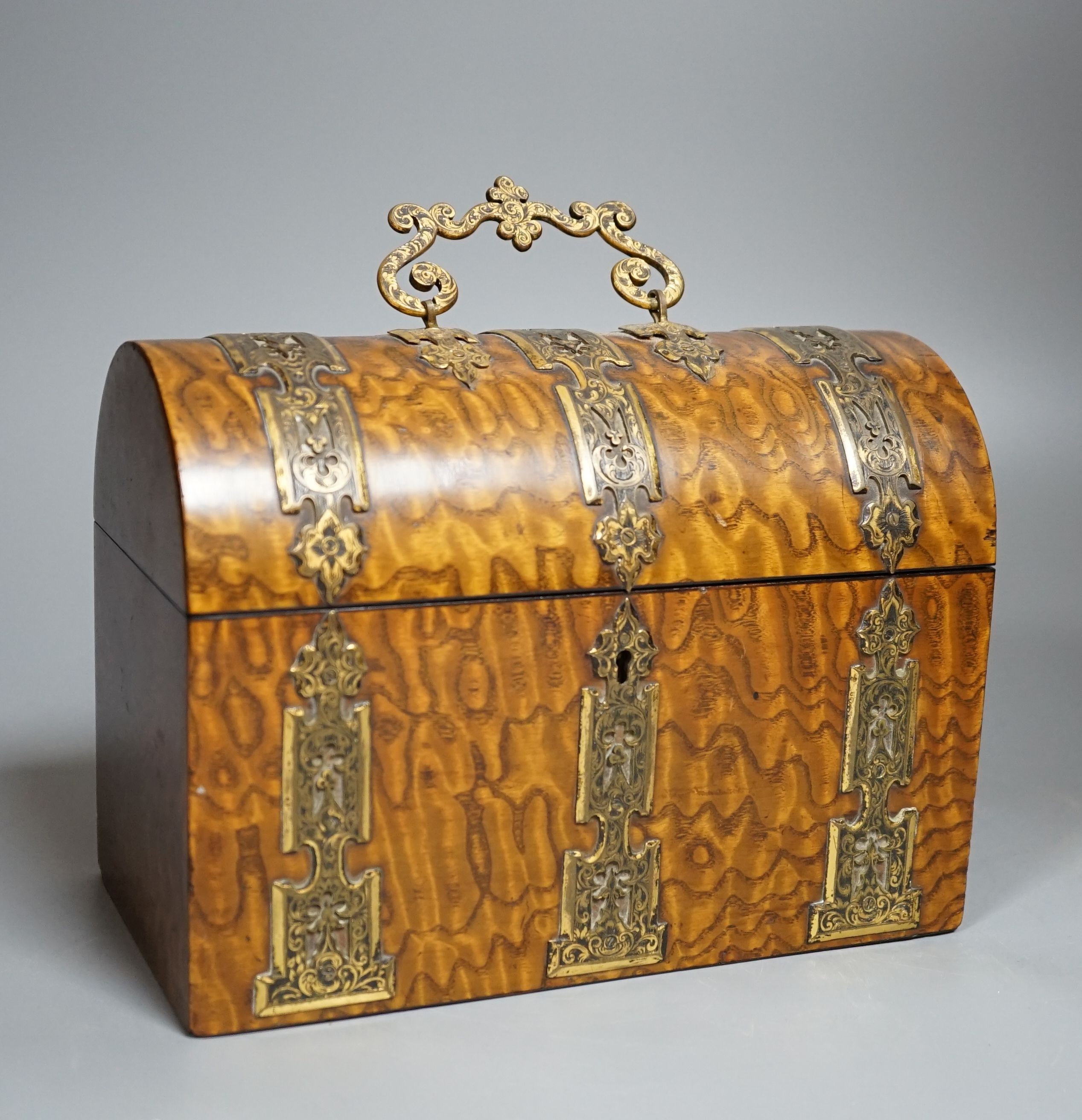 A Victorian Hungarian ash stationery box by Mechi, 114 Regent Street London, domed top with decorative gilt mounts fitted interior with 